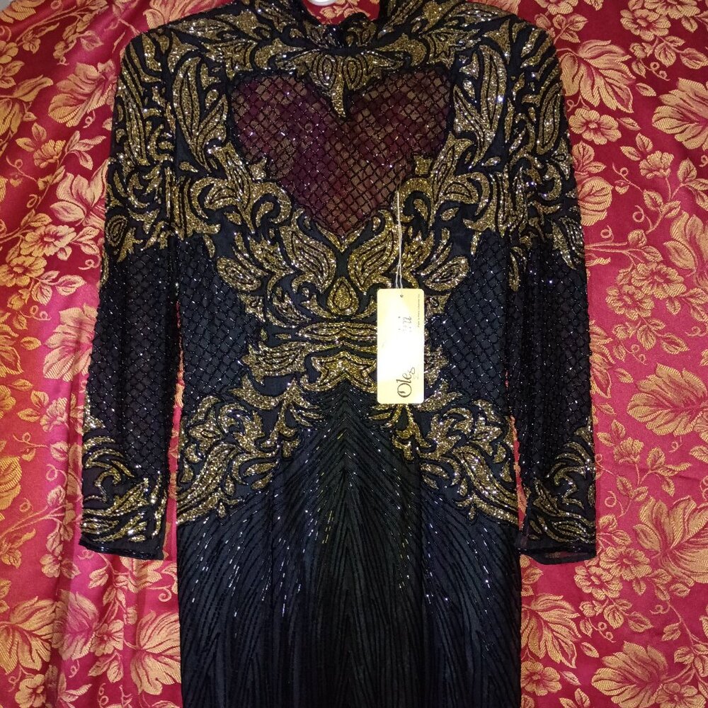 Oleg Cassini black tie 100% Silk beaded dress